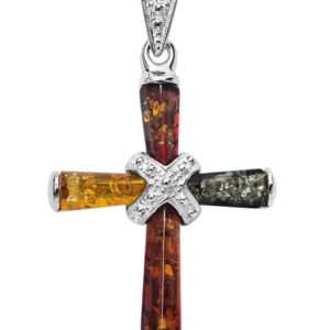Unique Tri-Colored Gemstone Cross Pendant in Baltic Amber