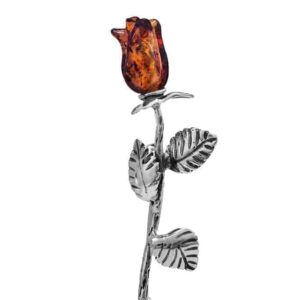 Sterling Silver Rose Brooch with Baltic Amber Bloom
