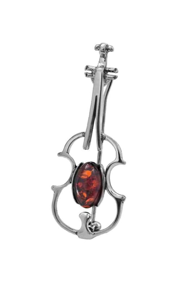 Vintage Style Cello Lapel Pin in Silver and Baltic Amber